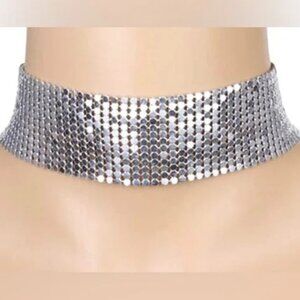 Silver Mesh Metallic Choker Necklace Disco Party  Bold Glam Trendy Y2K New Years